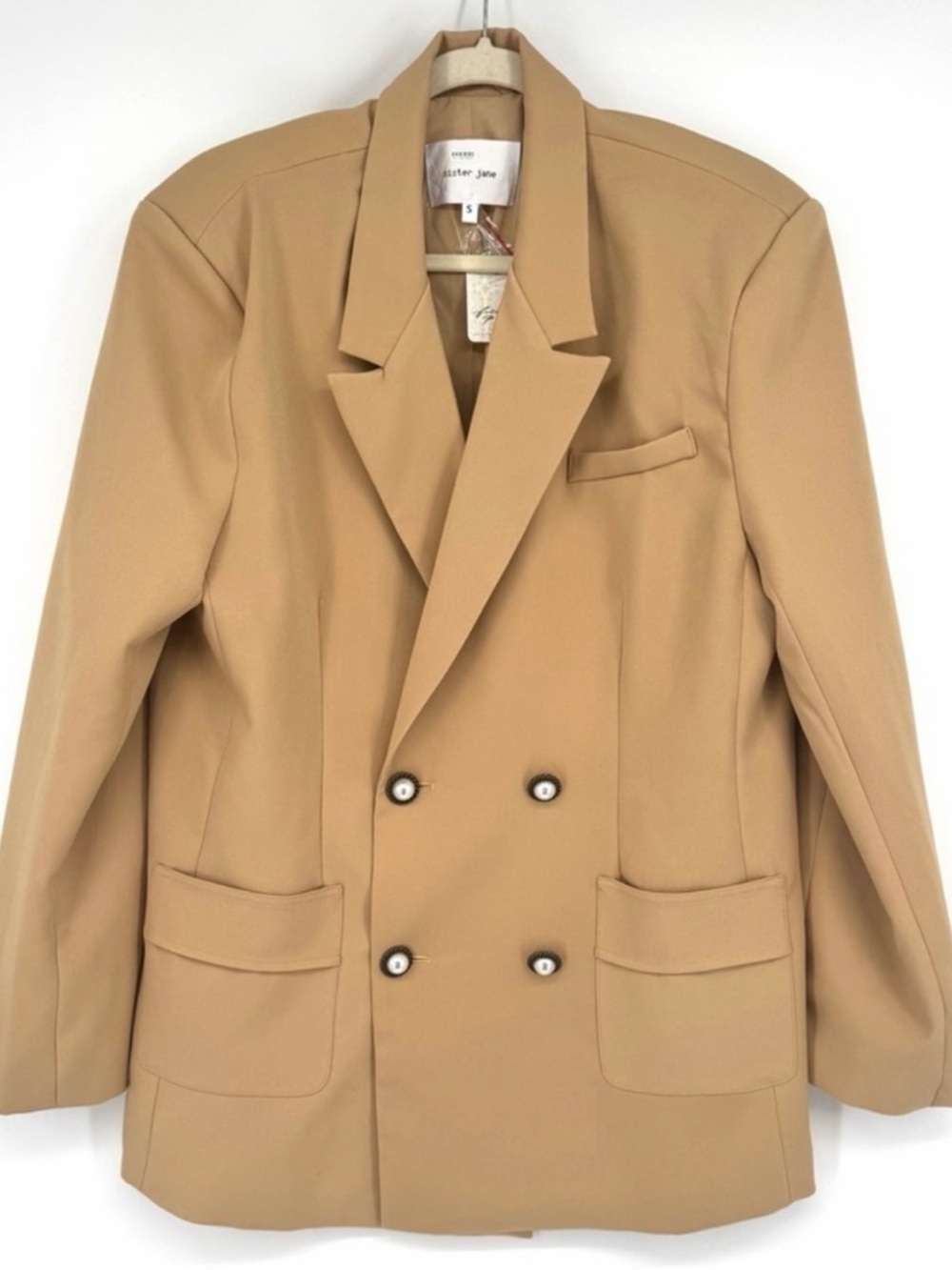 Sister Jane NWT Beige Harlow Double-Breasted Blazer w/ Brass Pearl Buttons $138 - Picture 5 of 11
